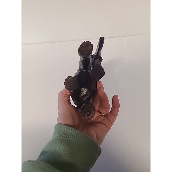 Wooden Indian Painted Elephant Figurine Dark Brown Green Pink Yellow Trunk Down - Picture 6 of 8